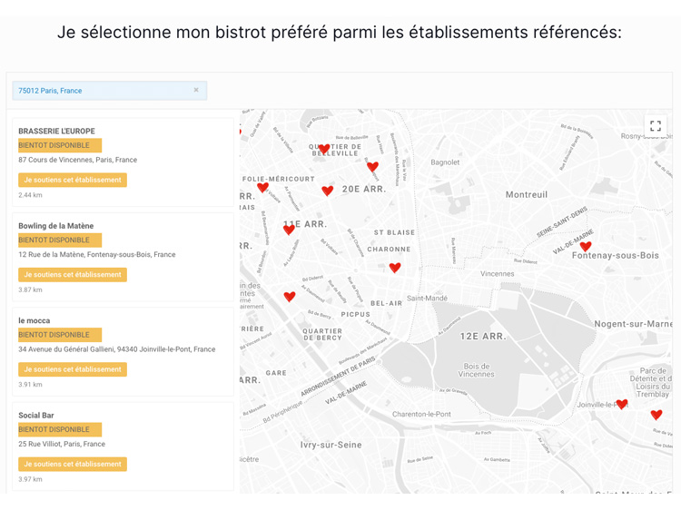 Carte pour retrouver le bistrot le plus proche et le soutenir - jaimemonbistrot.fr