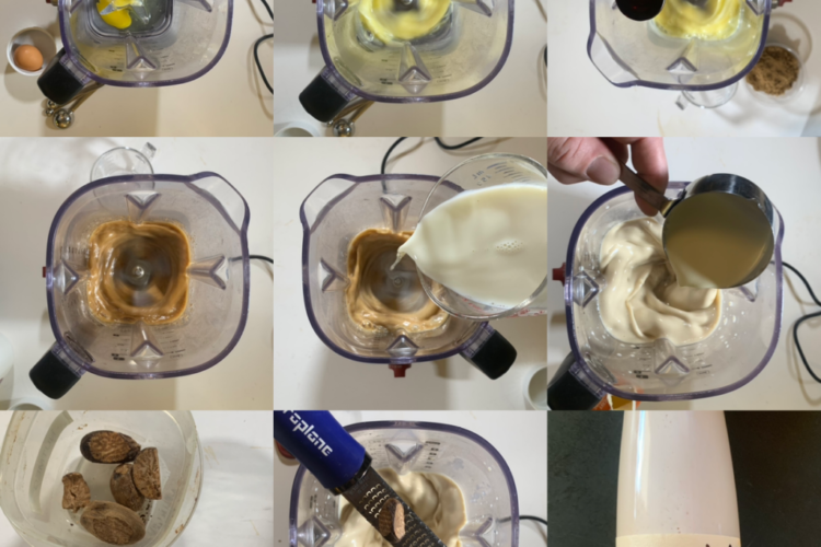 A 9-panel image of the eggnog-making process