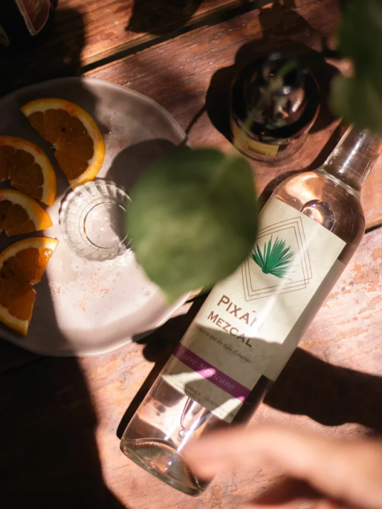 Verres de mezcal et tranches d’orange sur une table, illustrant les puntas mezcal
