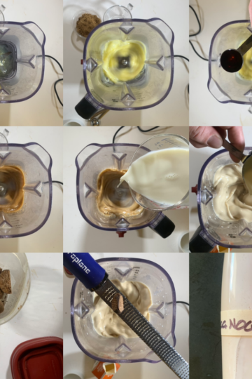 A 9-panel image of the eggnog-making process