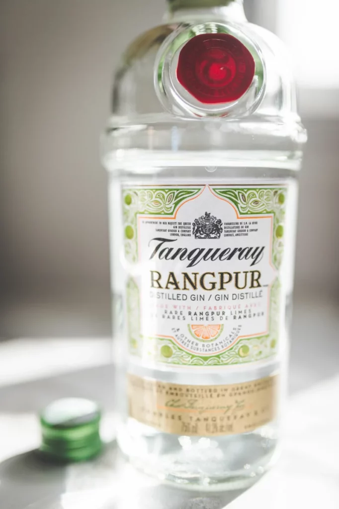 Bouteille de gin en verre posée sur un comptoir, dans l'esprit des éditions That Boutique-y Gin Company
