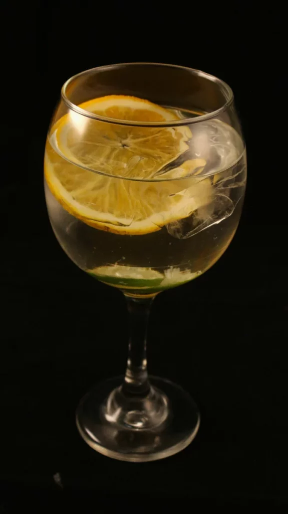 Gin tonic servi dans un verre avec une rondelle de citron sur un comptoir de bar