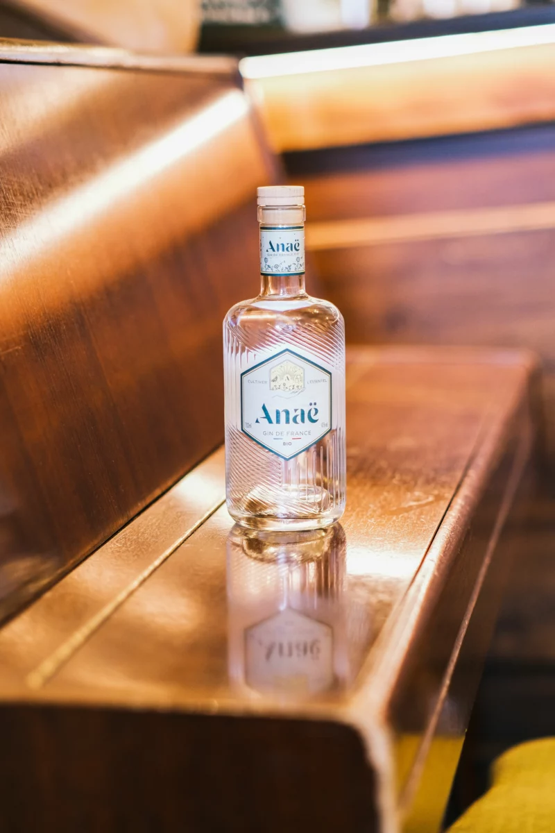 Bouteille de gin posée sur un plan de travail, prête pour un gin tonic aux bitters