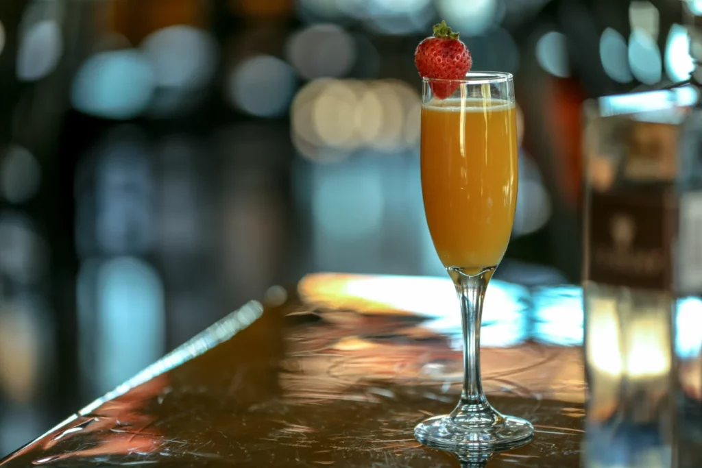 Flûte remplie d'un cocktail brunch orangé et pétillant posée sur une table