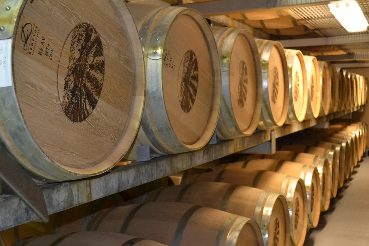 Dégustation de vin dans des barriques lors d'un salon viticole