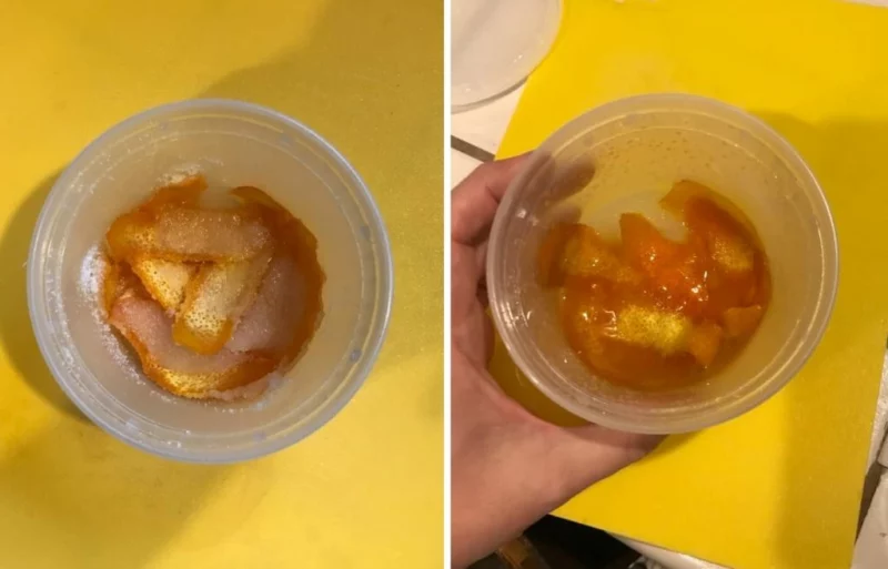 les écorces d'orange deviennent du sirop d'oleo saccharum